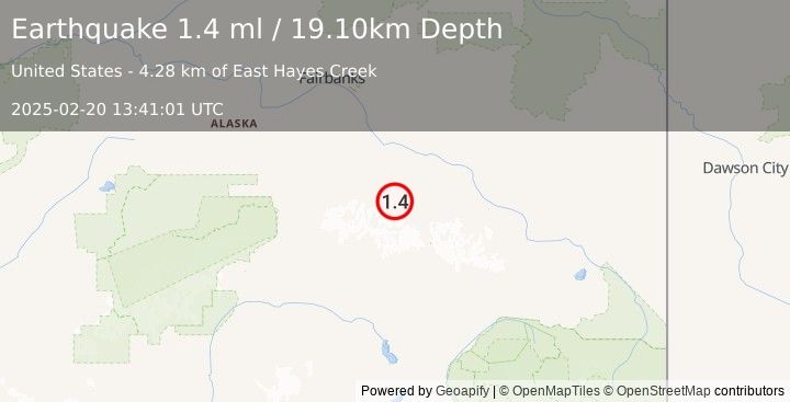 Earthquake 46 km SW of Delta Junction, Alaska (1.4 ml) (2025-02-20 13:41:01 UTC)