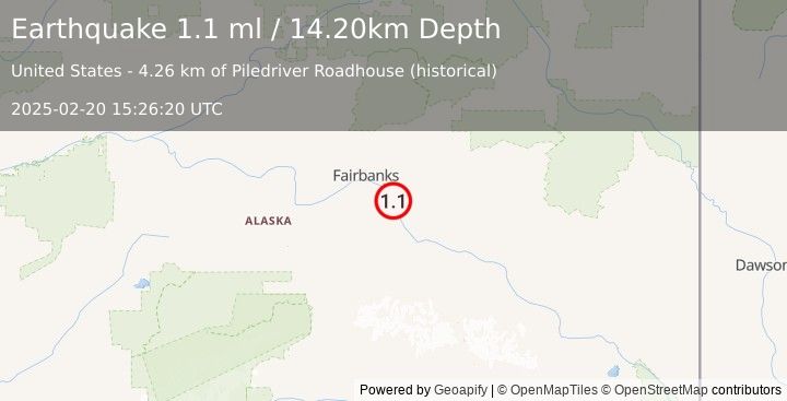 Earthquake 7 km SW of Eielson Air Force Base, Alaska (1.1 ml) (2025-02-20 15:26:20 UTC)