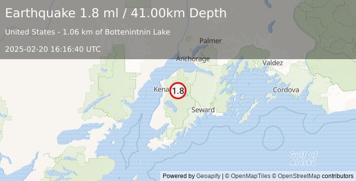 Earthquake 11 km E of Sterling, Alaska (1.8 ml) (2025-02-20 16:16:40 UTC)