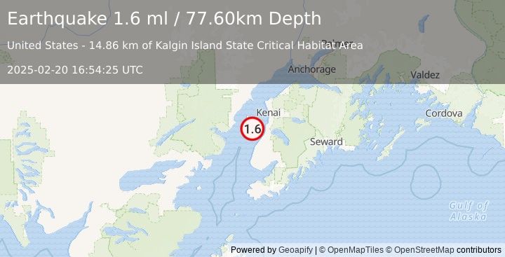 Earthquake 21 km WNW of Clam Gulch, Alaska (1.6 ml) (2025-02-20 16:54:25 UTC)