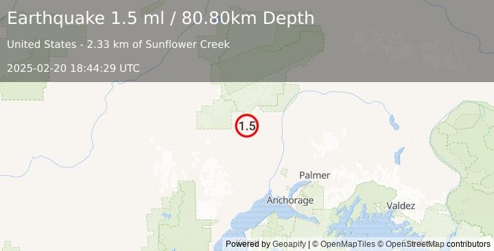 Earthquake 31 km WSW of Petersville, Alaska (1.5 ml) (2025-02-20 18:44:29 UTC)