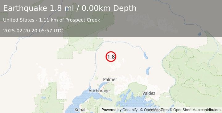 Earthquake 47 km ENE of Susitna North, Alaska (1.8 ml) (2025-02-20 20:05:57 UTC)