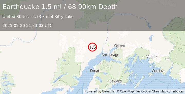 Earthquake 46 km NNW of Beluga, Alaska (1.5 ml) (2025-02-20 21:33:03 UTC)