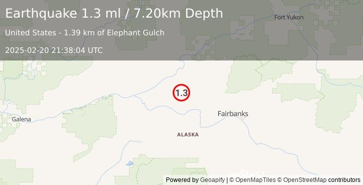 Earthquake 29 km WNW of Minto, Alaska (1.3 ml) (2025-02-20 21:38:04 UTC)