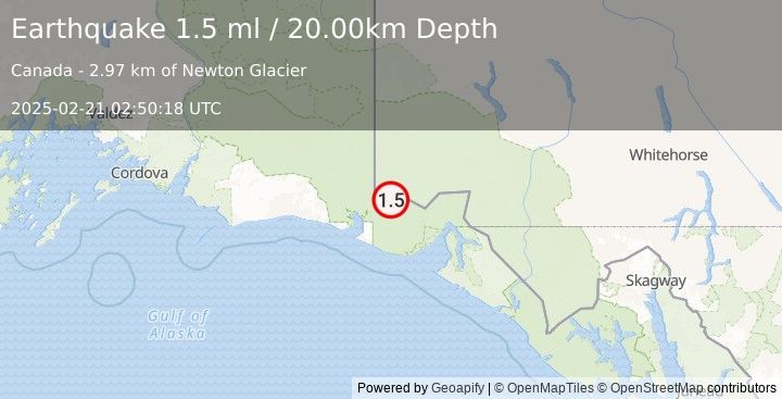 Earthquake 96 km NNW of Yakutat, Alaska (1.5 ml) (2025-02-21 02:50:18 UTC)