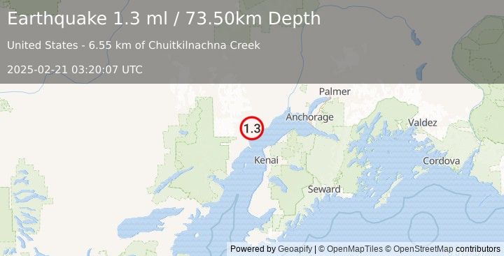 Earthquake 30 km W of Tyonek, Alaska (1.3 ml) (2025-02-21 03:20:07 UTC)