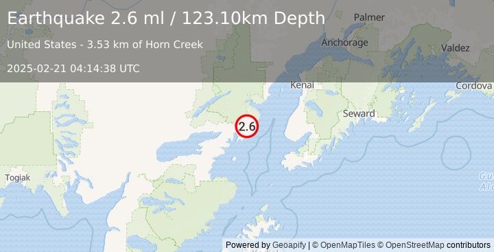 Earthquake 61 km E of Pedro Bay, Alaska (2.6 ml) (2025-02-21 04:14:38 UTC)