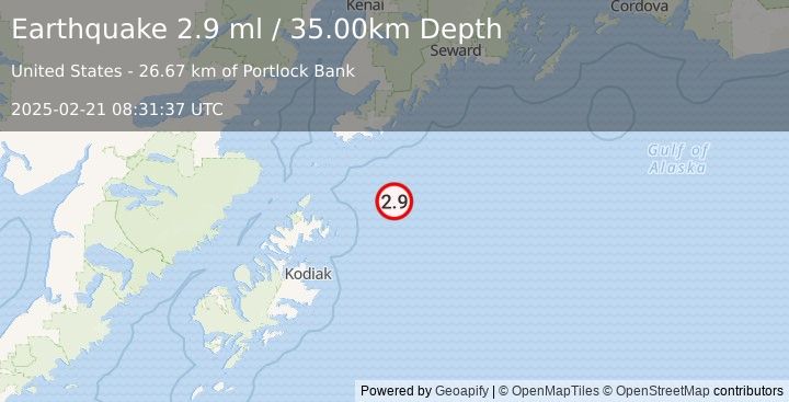 Earthquake 110 km SE of Port Graham, Alaska (2.9 ml) (2025-02-21 08:31:37 UTC)