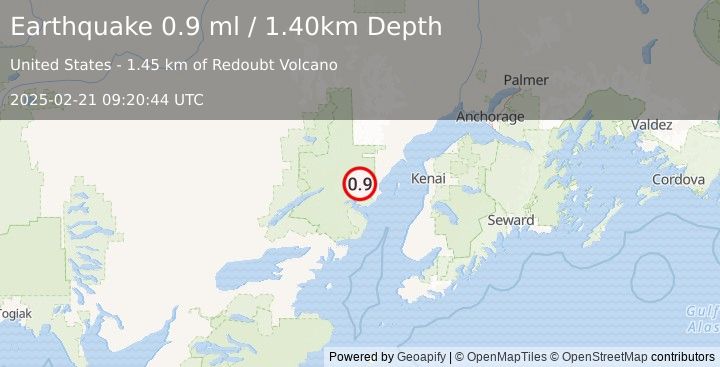 Earthquake 78 km NW of Ninilchik, Alaska (0.9 ml) (2025-02-21 09:20:44 UTC)