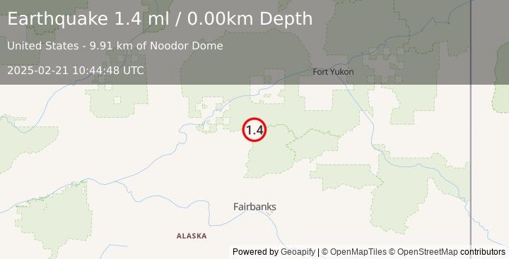 Earthquake 51 km NE of Livengood, Alaska (1.4 ml) (2025-02-21 10:44:48 UTC)