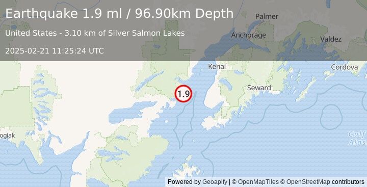 Earthquake 53 km WNW of Anchor Point, Alaska (1.9 ml) (2025-02-21 11:25:24 UTC)