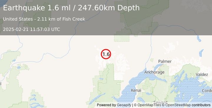 Earthquake 111 km W of Skwentna, Alaska (1.6 ml) (2025-02-21 11:57:03 UTC)