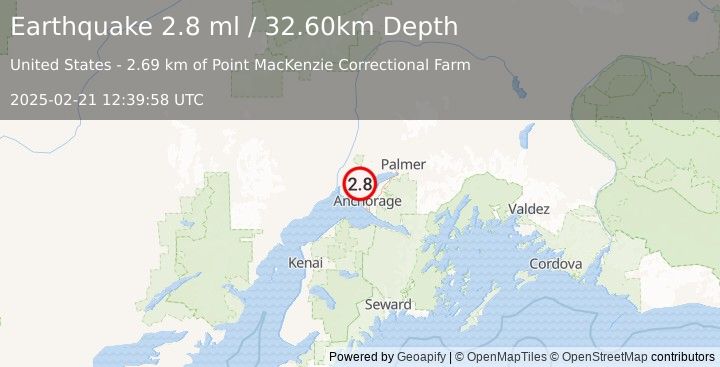 Earthquake 5 km NW of Point MacKenzie, Alaska (2.8 ml) (2025-02-21 12:39:58 UTC)