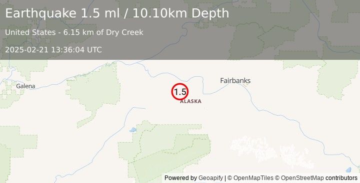 Earthquake 47 km SSE of Manley Hot Springs, Alaska (1.5 ml) (2025-02-21 13:36:04 UTC)