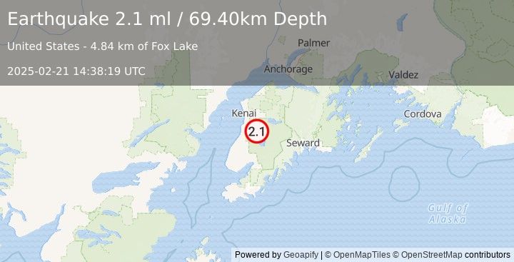 Earthquake 23 km ESE of Kasilof, Alaska (2.1 ml) (2025-02-21 14:38:19 UTC)