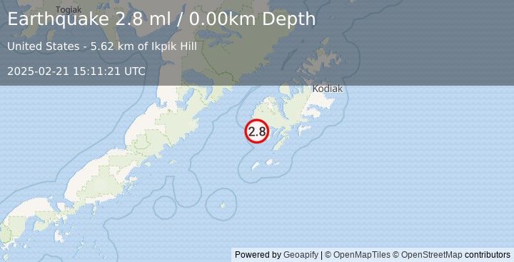 Earthquake 28 km WNW of Akhiok, Alaska (2.8 ml) (2025-02-21 15:11:21 UTC)