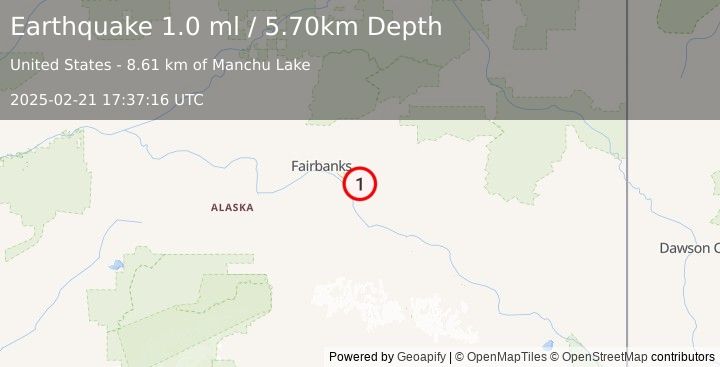 Earthquake 8 km E of Eielson Air Force Base, Alaska (1.0 ml) (2025-02-21 17:37:16 UTC)