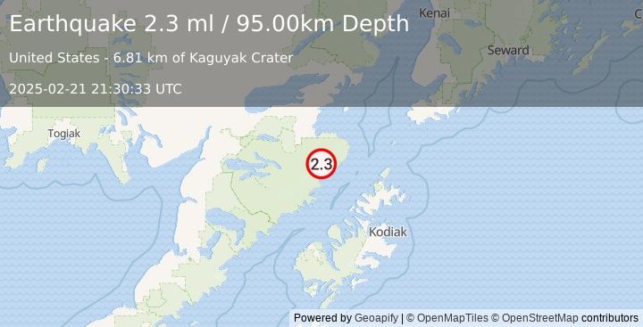 Earthquake 95 km NW of Aleneva, Alaska (2.3 ml) (2025-02-21 21:30:33 UTC)