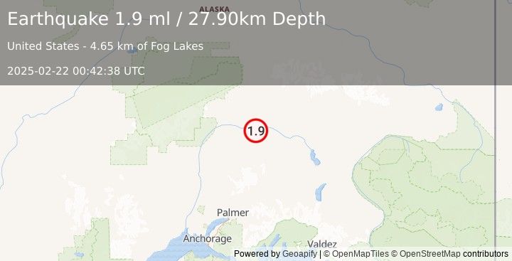 Earthquake 73 km SSE of Cantwell, Alaska (1.9 ml) (2025-02-22 00:42:38 UTC)