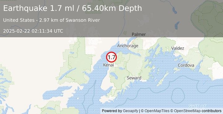 Earthquake 20 km NE of Nikiski, Alaska (1.7 ml) (2025-02-22 02:11:34 UTC)