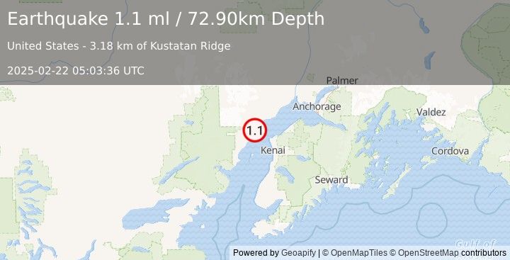 Earthquake 34 km WNW of Nikiski, Alaska (1.1 ml) (2025-02-22 05:03:36 UTC)