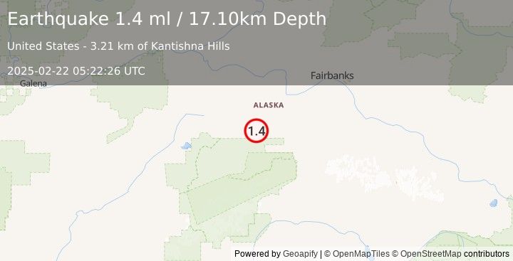 Earthquake 45 km WSW of Clear, Alaska (1.4 ml) (2025-02-22 05:22:26 UTC)