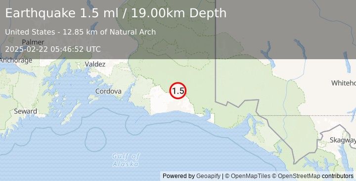 Earthquake 98 km S of McCarthy, Alaska (1.5 ml) (2025-02-22 05:46:52 UTC)