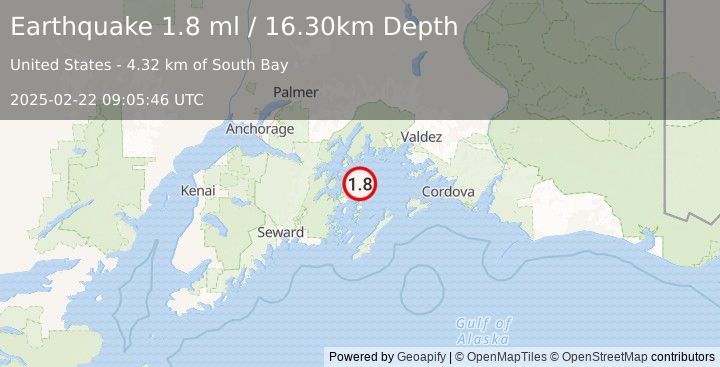 Earthquake 56 km ESE of Whittier, Alaska (1.8 ml) (2025-02-22 09:05:46 UTC)