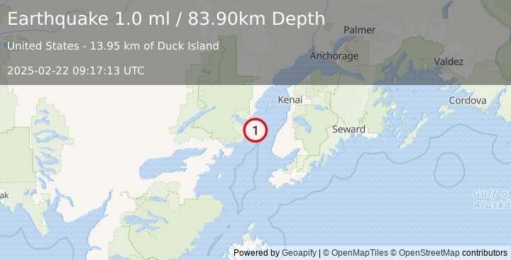 Earthquake 36 km WNW of Happy Valley, Alaska (1.0 ml) (2025-02-22 09:17:13 UTC)