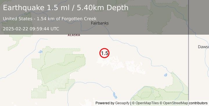 Earthquake 69 km SSW of Harding-Birch Lakes, Alaska (1.5 ml) (2025-02-22 09:59:44 UTC)