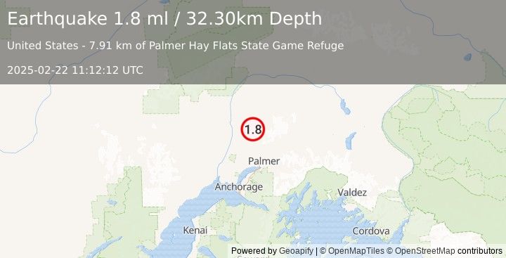 Earthquake 23 km ESE of Susitna North, Alaska (1.8 ml) (2025-02-22 11:12:12 UTC)