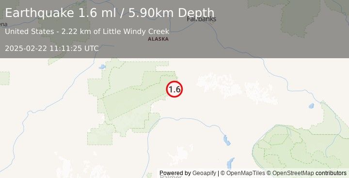 Earthquake 6 km N of Cantwell, Alaska (1.6 ml) (2025-02-22 11:11:25 UTC)