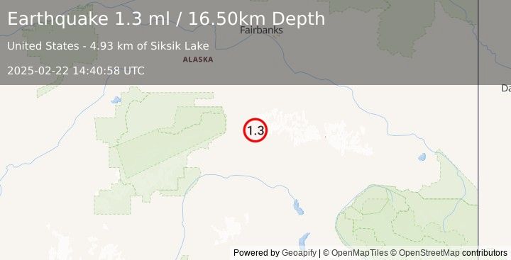 Earthquake 53 km E of Cantwell, Alaska (1.3 ml) (2025-02-22 14:40:58 UTC)