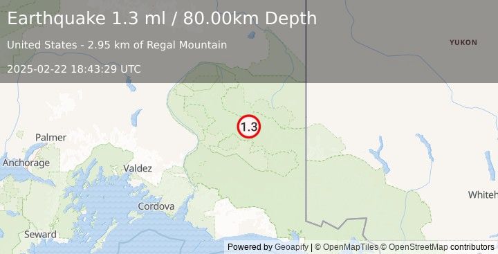 Earthquake 36 km N of McCarthy, Alaska (1.3 ml) (2025-02-22 18:43:29 UTC)