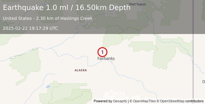 Earthquake 20 km WNW of Fox, Alaska (1.0 ml) (2025-02-22 19:17:29 UTC)