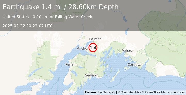 Earthquake 17 km ESE of Eagle River, Alaska (1.4 ml) (2025-02-22 20:22:07 UTC)