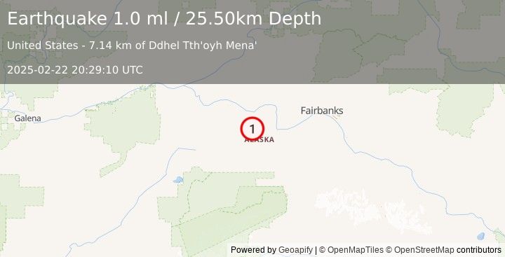 Earthquake 36 km W of Four Mile Road, Alaska (1.0 ml) (2025-02-22 20:29:10 UTC)