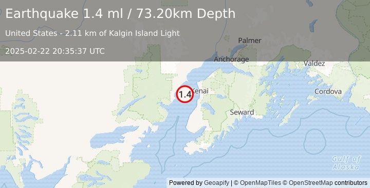 Earthquake 33 km WNW of Kalifornsky, Alaska (1.4 ml) (2025-02-22 20:35:37 UTC)