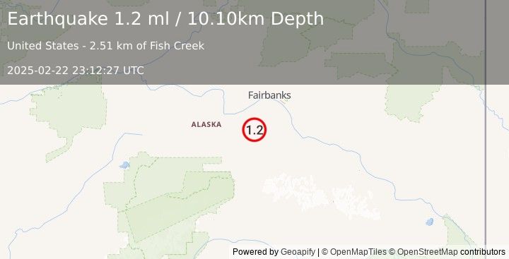 Earthquake 48 km E of Anderson, Alaska (1.2 ml) (2025-02-22 23:12:27 UTC)