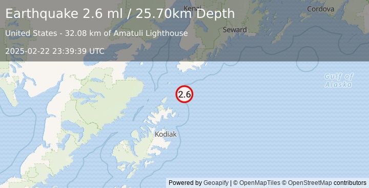 Earthquake 74 km S of Port Graham, Alaska (2.6 ml) (2025-02-22 23:39:39 UTC)