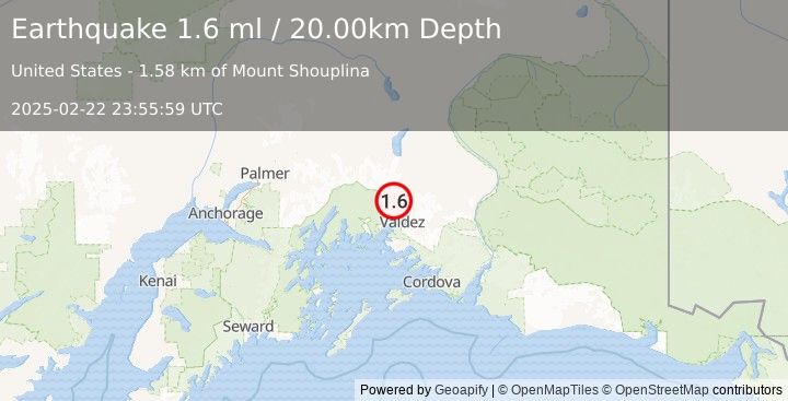 Earthquake 24 km NNW of Valdez, Alaska (1.6 ml) (2025-02-22 23:55:59 UTC)