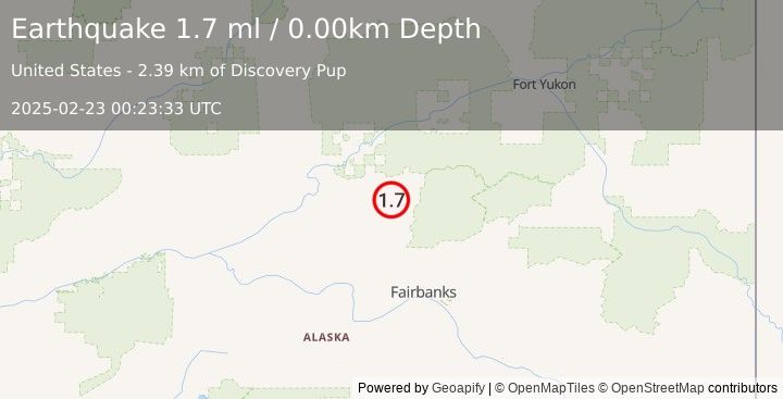 Earthquake 13 km NE of Livengood, Alaska (1.7 ml) (2025-02-23 00:23:33 UTC)