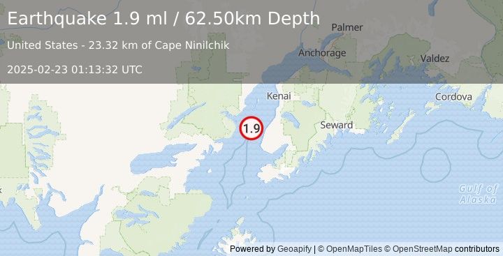 Earthquake 24 km WNW of Happy Valley, Alaska (1.9 ml) (2025-02-23 01:13:32 UTC)