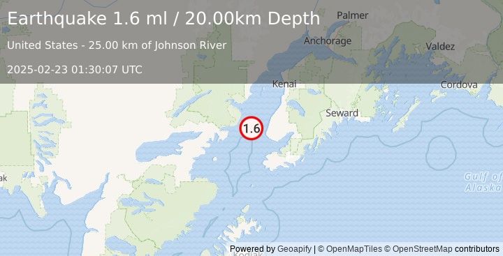 Earthquake 27 km WNW of Anchor Point, Alaska (1.6 ml) (2025-02-23 01:30:07 UTC)