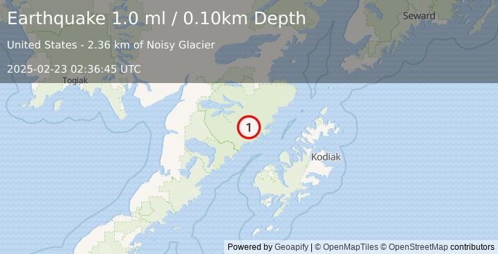 Earthquake 83 km NNW of Karluk, Alaska (1.0 ml) (2025-02-23 02:36:45 UTC)