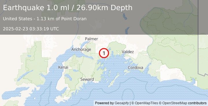 Earthquake 44 km NE of Whittier, Alaska (1.0 ml) (2025-02-23 03:33:19 UTC)