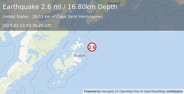 Earthquake 74 km ENE of Ouzinkie, Alaska (2.6 ml) (2025-02-23 03:36:29 UTC)