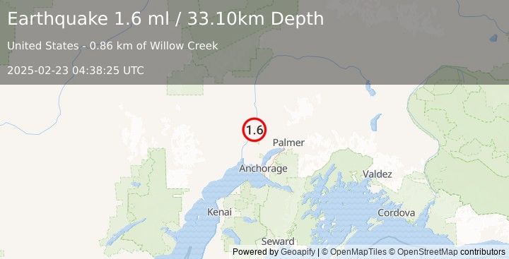 Earthquake 8 km NW of Willow, Alaska (1.6 ml) (2025-02-23 04:38:25 UTC)