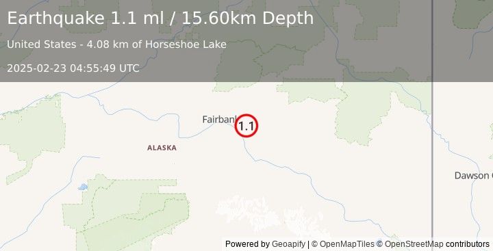 Earthquake 9 km ENE of Moose Creek, Alaska (1.1 ml) (2025-02-23 04:55:49 UTC)