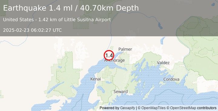 Earthquake 16 km W of Point MacKenzie, Alaska (1.4 ml) (2025-02-23 06:02:27 UTC)